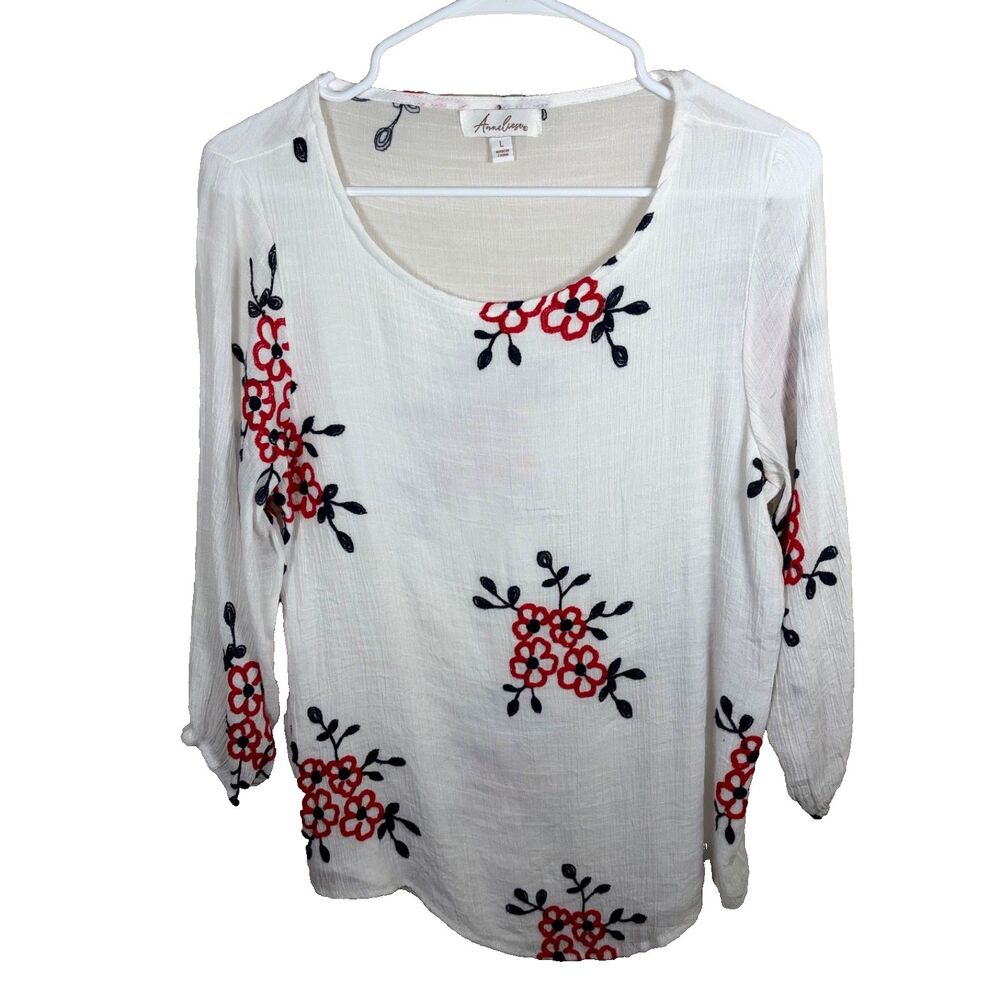 Anneliese Blouse Women's Large Round Neck Sheer Embroidered 3/4 Sleeve Top